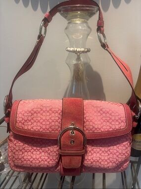 Coach Pink Signature Shoulder Bag with Suede Buckle